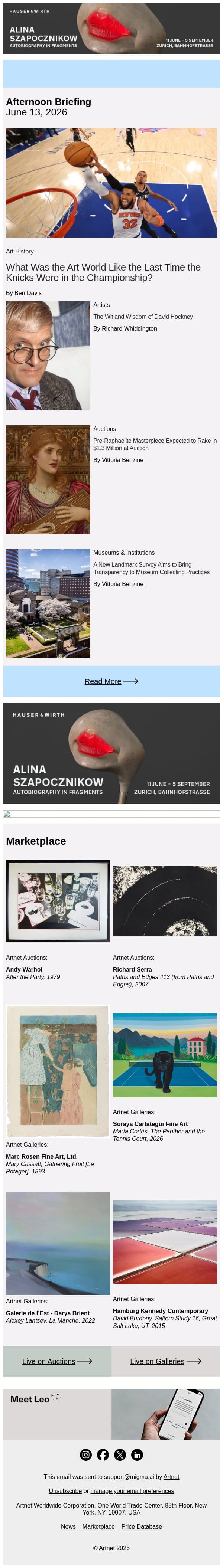 Art History Facts for Knicks Fans email from Artnet screenshot