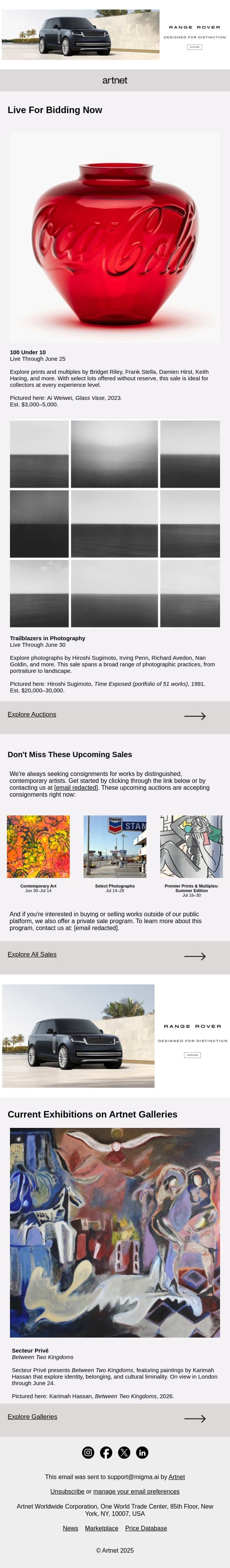 Live Now: Sugimoto, Riley, Sherman & More email from Artnet screenshot