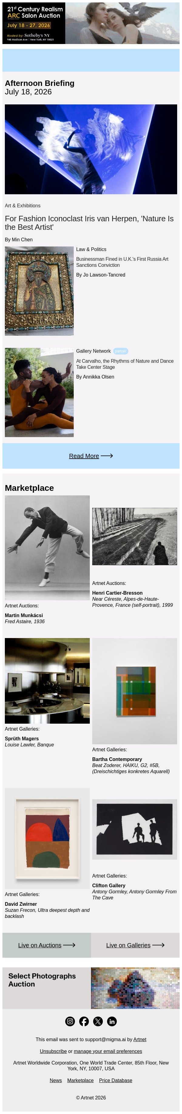 Iris van Herpen Finds Fashion in Nature email from Artnet screenshot