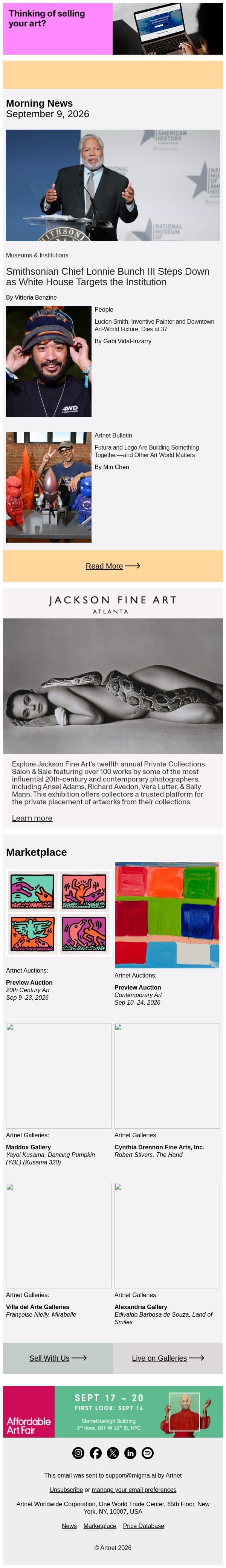 Smithsonian Chief to Depart email from Artnet screenshot