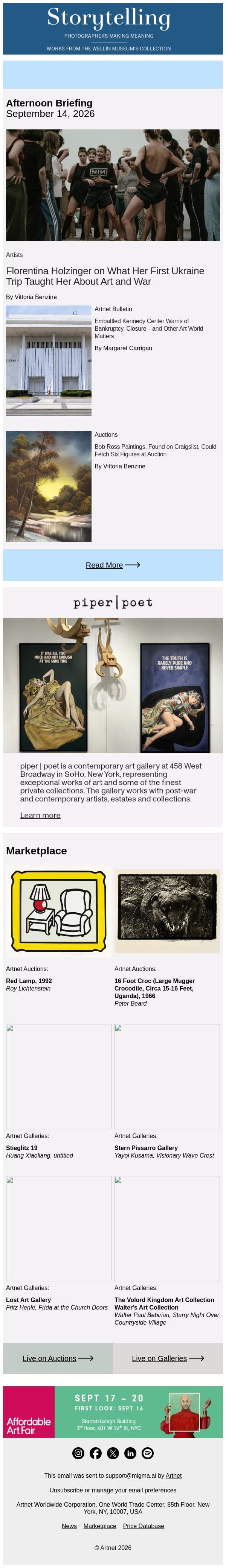 Florentina Holzinger on Art in Wartime email from Artnet screenshot