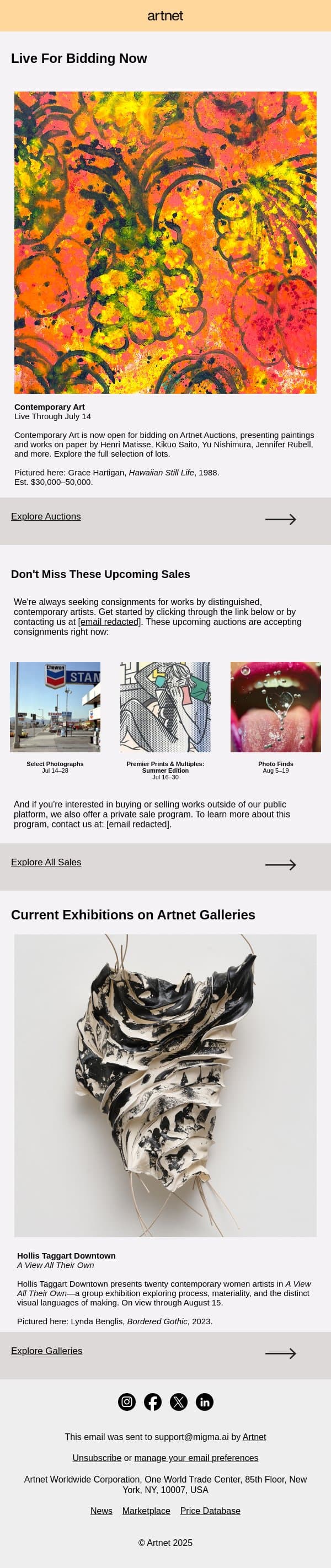 Live Now: Hartigan, Matisse, Nishimura & More email from Artnet screenshot
