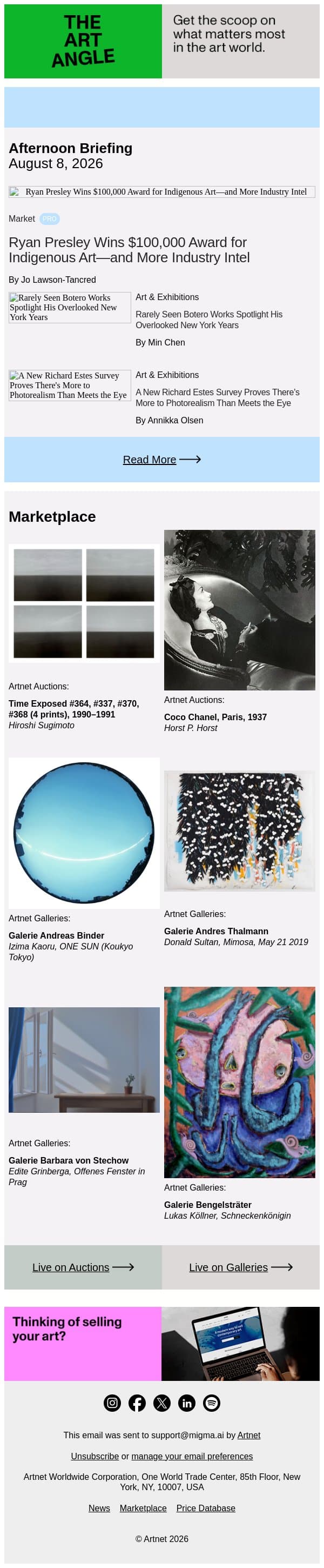 Ryan Presley Wins $100k Indigenous Art Award email from Artnet screenshot