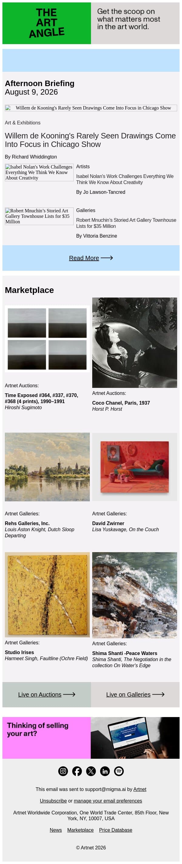 The Drawings That Shaped de Kooning email from Artnet screenshot
