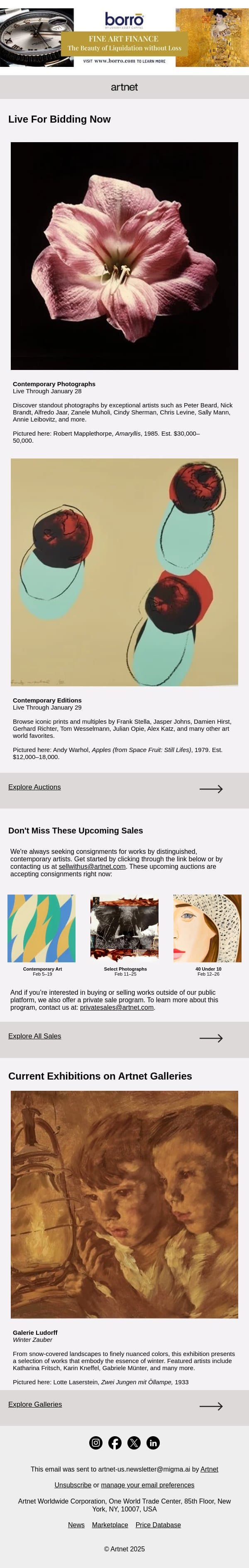 Live Now: Sherman, Katz & More email from Artnet screenshot