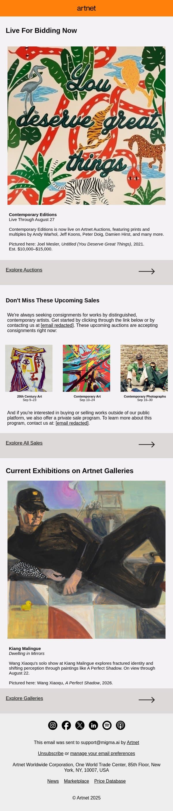 Live Now: Katz, Bourgeois, Richter & More email from Artnet screenshot