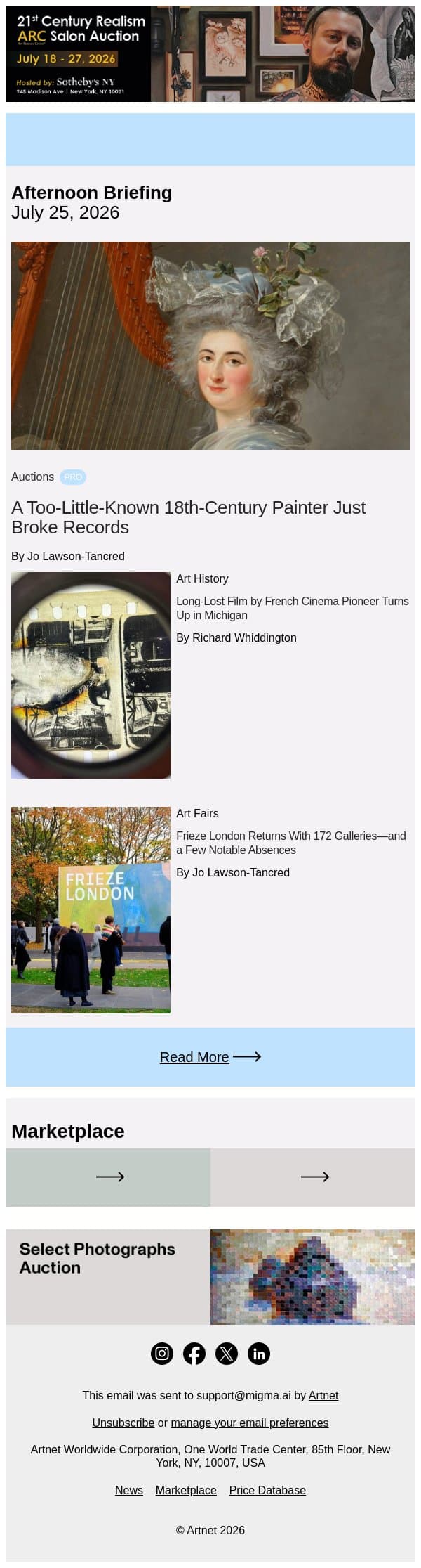 Obscure 18th-c Painter Sets New Record email from Artnet screenshot