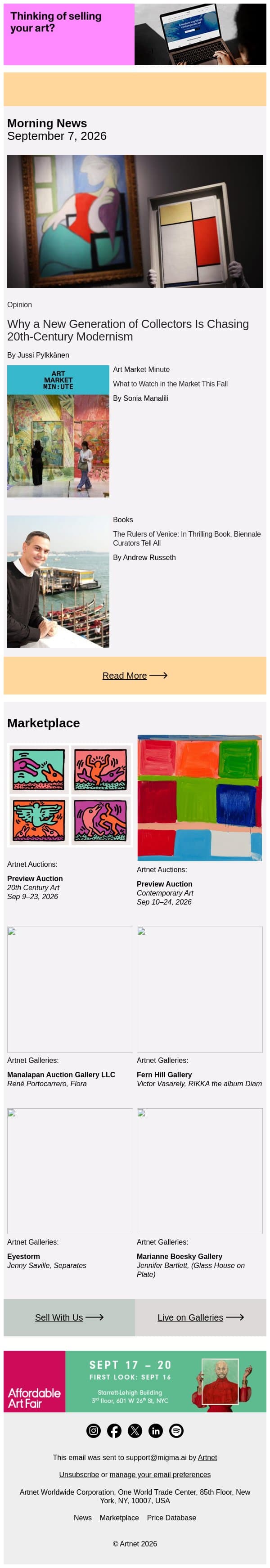 A New Generation of Collectors Is All About Modernism email from Artnet screenshot