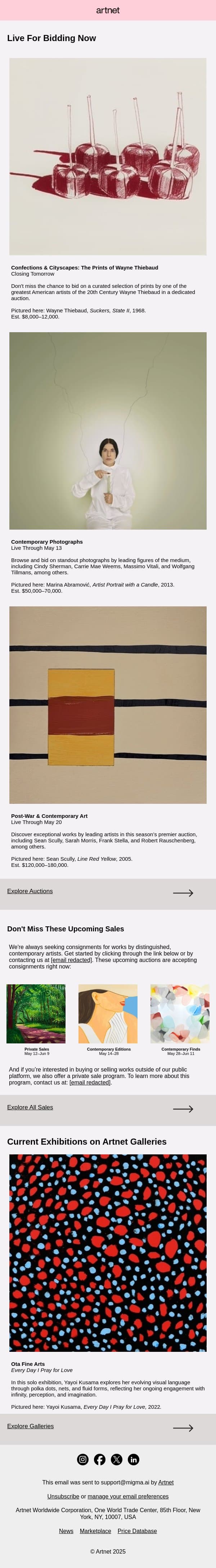 Live Now: Sherman, Tillmans, Abramović & More email from Artnet screenshot