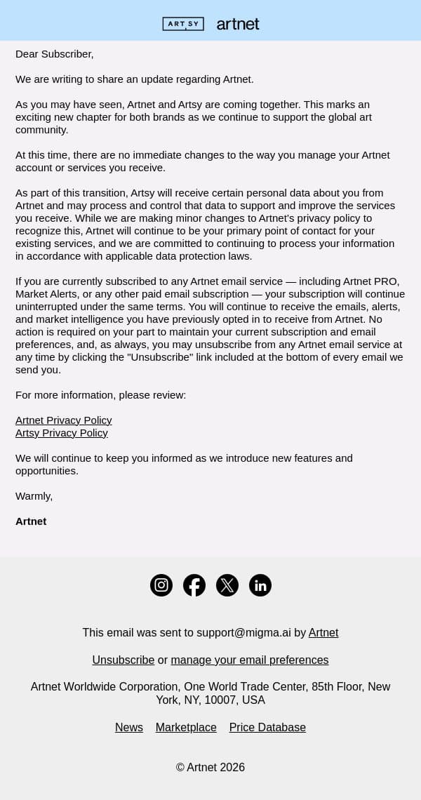 Notice of Updates to Artnet Privacy Policy email from Artnet screenshot