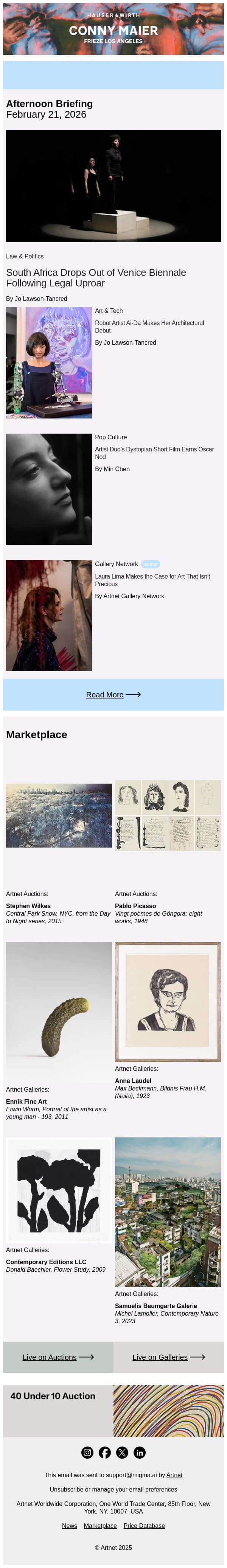 South Africa Axes Venice Biennale Plans email from Artnet screenshot