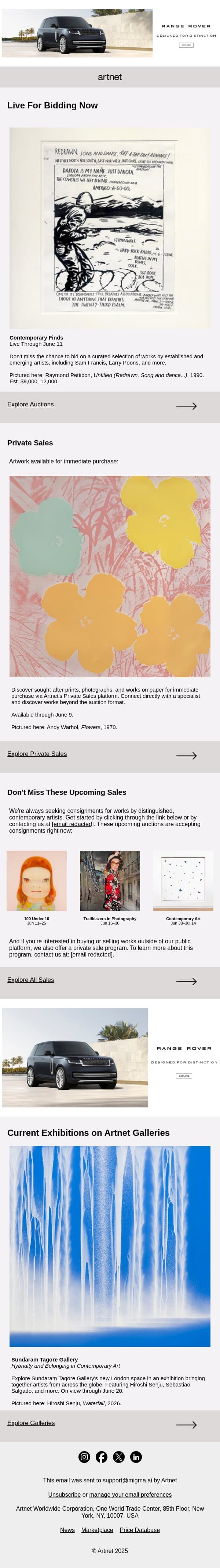 Live Now: Aboudia, Noland, Francis & More email from Artnet screenshot