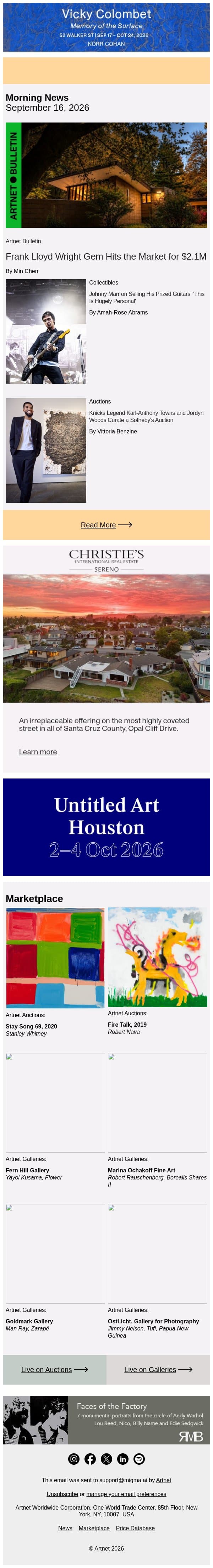 Historic Frank Lloyd Wright Home Lists for $2M email from Artnet screenshot