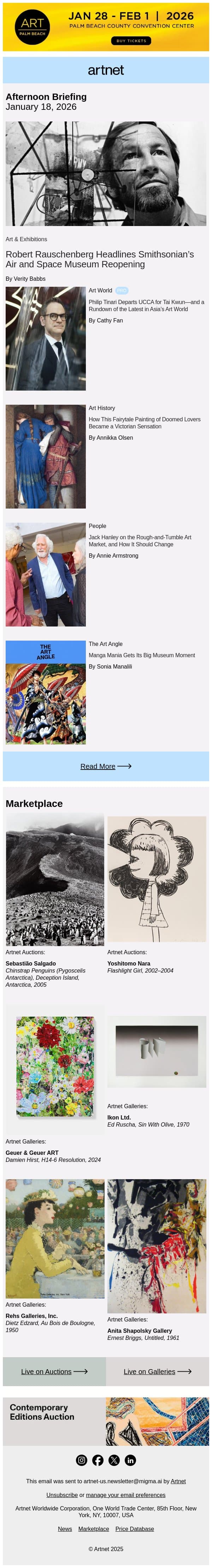 Rauschenberg Headlines Smithsonian Reopening email from Artnet screenshot