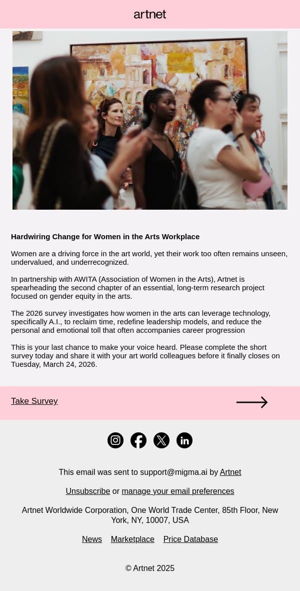Final Call: Help Shape the Future of Women in the Arts email from Artnet screenshot