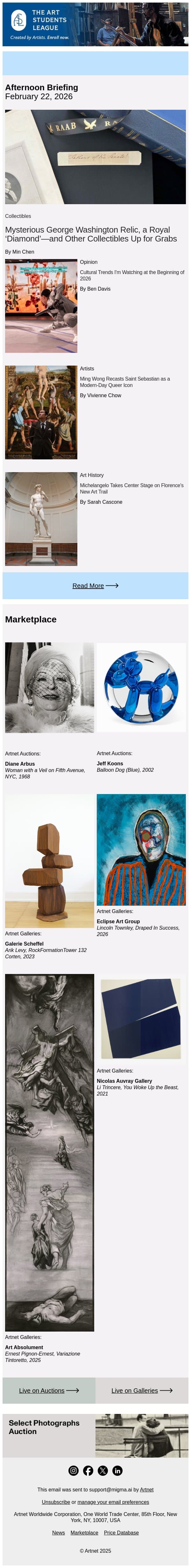 Ultra Rare Washington Relic Hits Auction Block email from Artnet screenshot