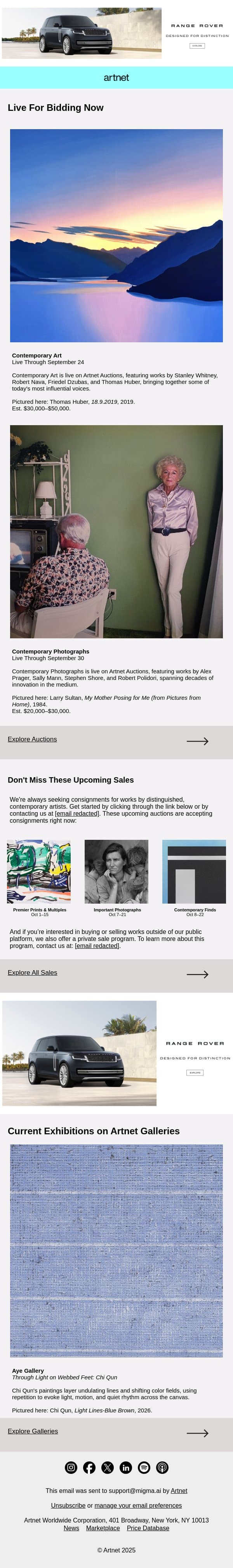 Live Now: Huber, Sultan, Whitney & More email from Artnet screenshot