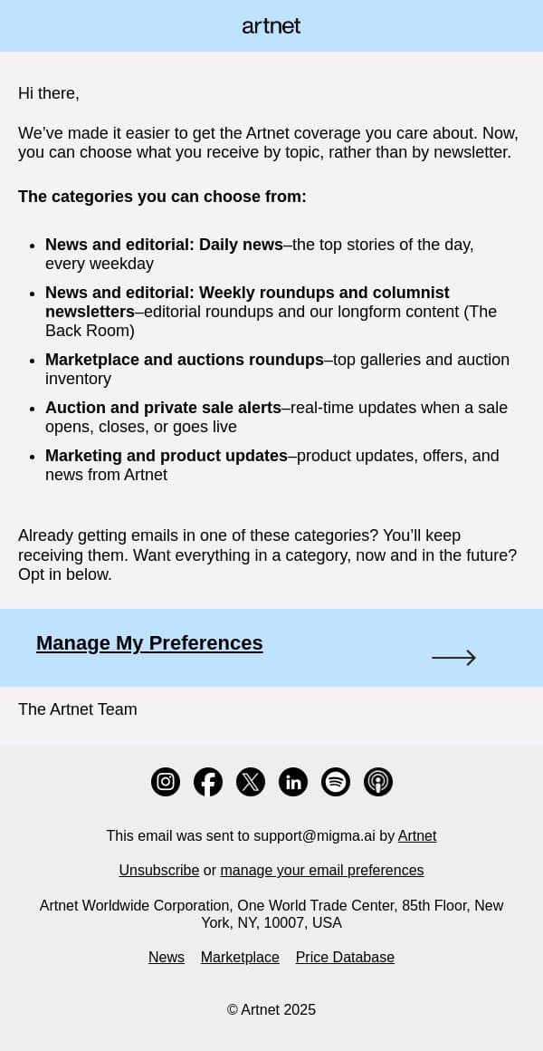 A simpler way to get the Artnet emails you love email from Artnet screenshot
