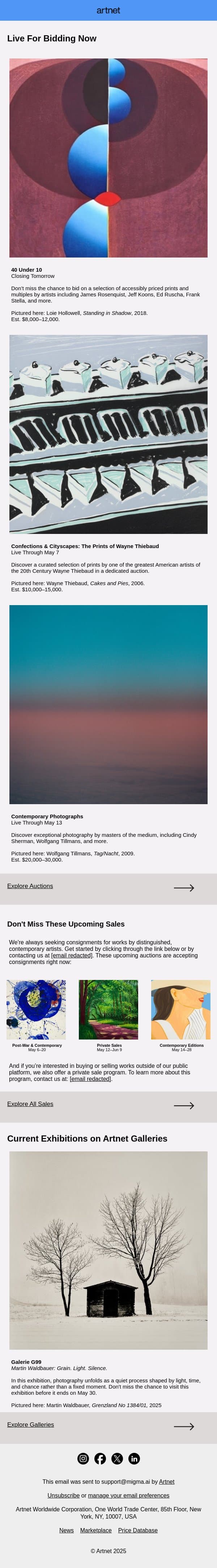 Live Now: Rosenquist, Koons, Ruscha & More email from Artnet screenshot
