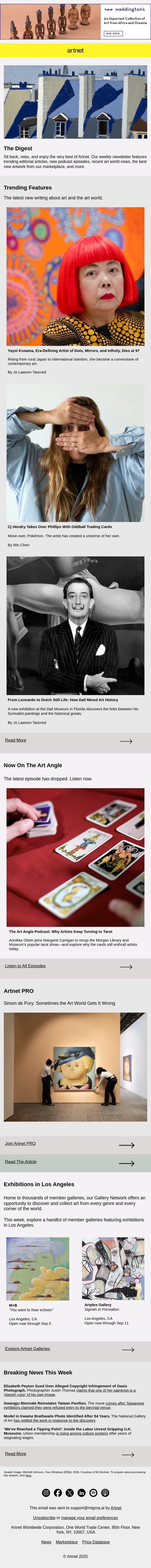 Remembering Yayoi Kusama, Cj Hendry's Oddball Trading Cards & More email from Artnet screenshot