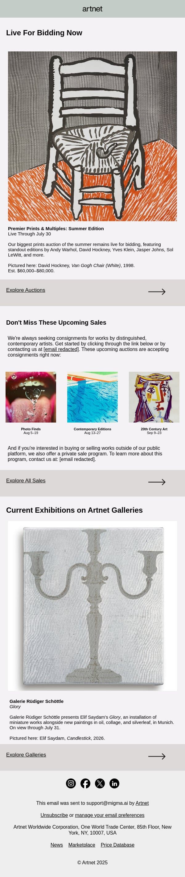 Live Now: Koons, Klein, Holzer & More email from Artnet screenshot