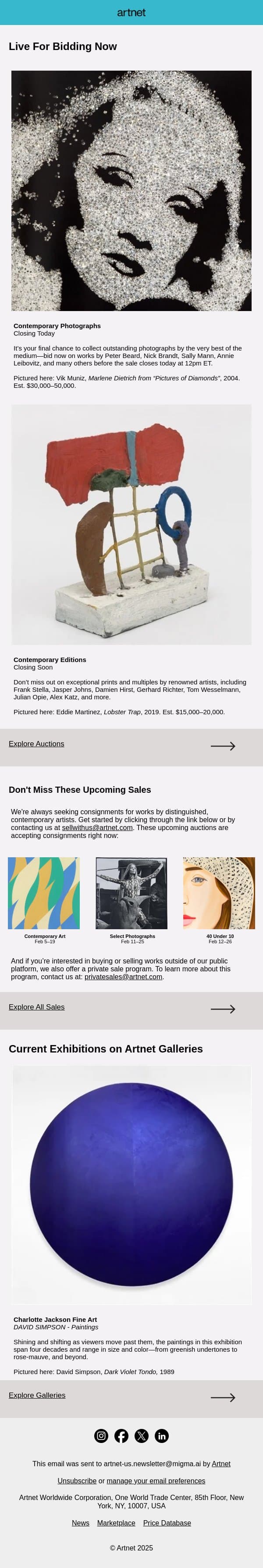Live Now: Muniz, Warhol & More email from Artnet screenshot