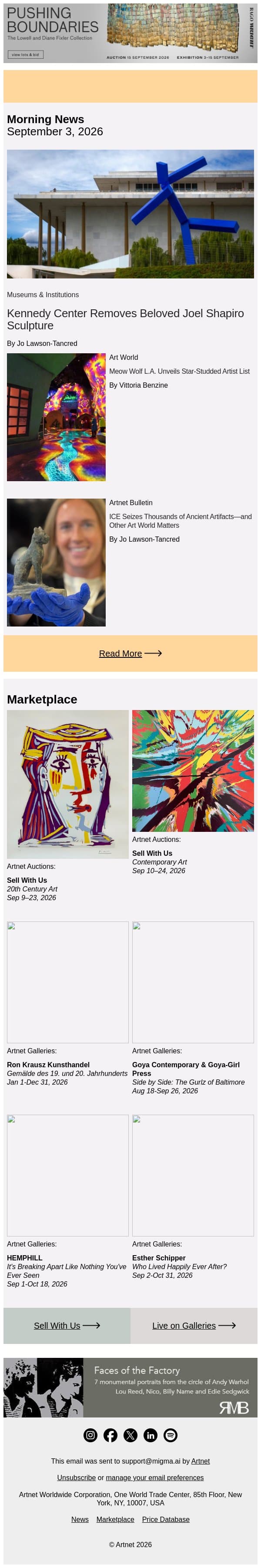 Trump's Kennedy Center Axes Beloved Artwork email from Artnet screenshot