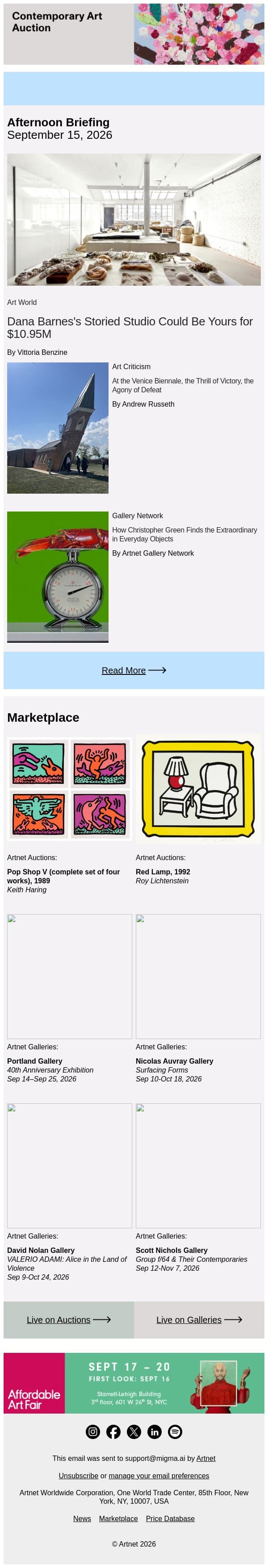 Storied Artist Studio Lists for $10.95M email from Artnet screenshot