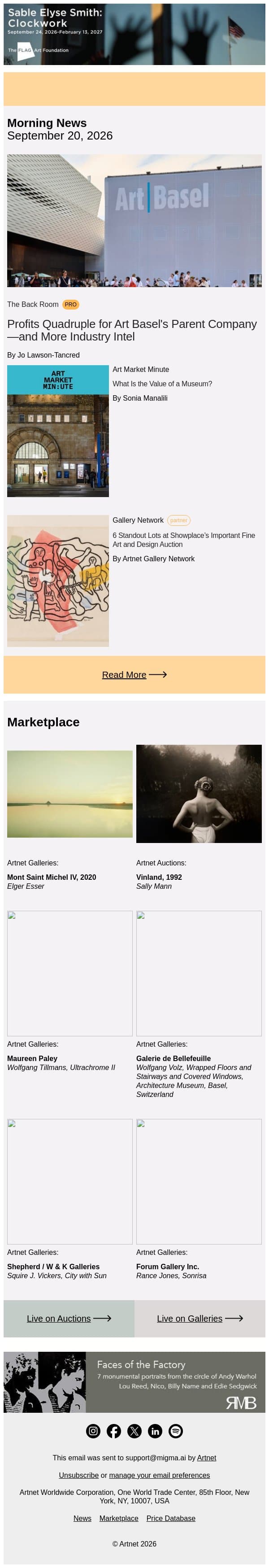 Profits Quadruple for Art Basel’s Parent Company email from Artnet screenshot