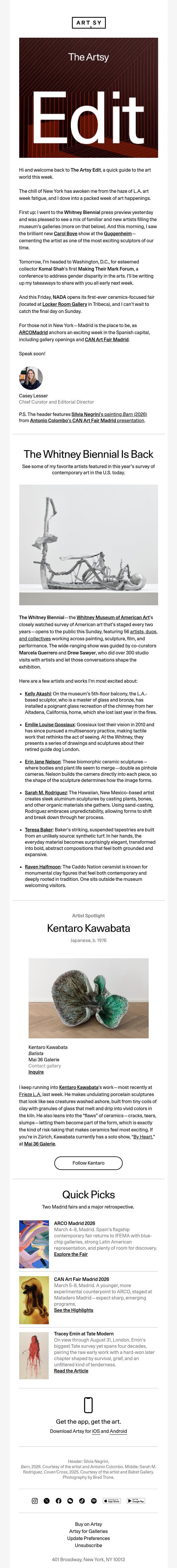 The Artsy Edit | Artists to watch at the Whitney Biennial email from Artsy screenshot