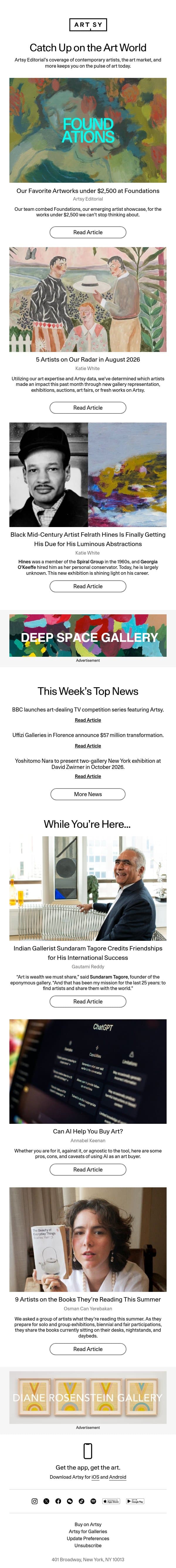Art under $2,500, artists on our radar this August, a forgotten Black painter, and more. email from Artsy screenshot