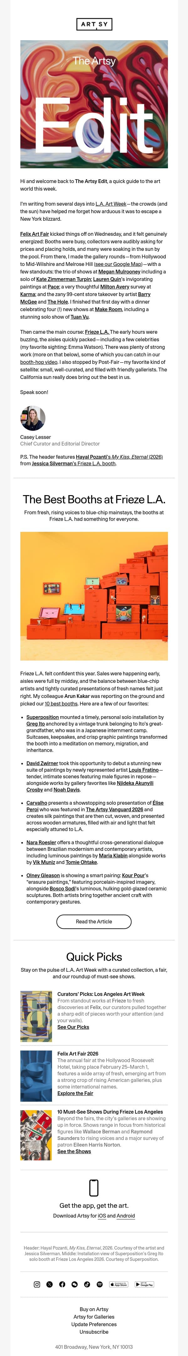 The Artsy Edit | The best booths at Frieze L.A. 2026 email from Artsy screenshot