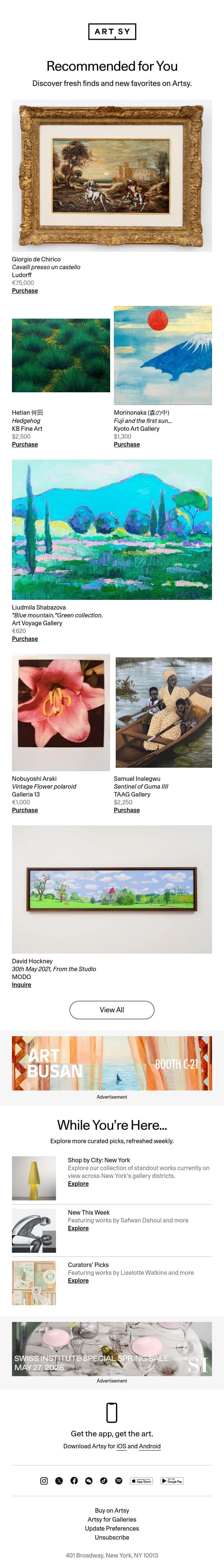 New works for Adam by Giorgio de Chirico and more email from Artsy screenshot