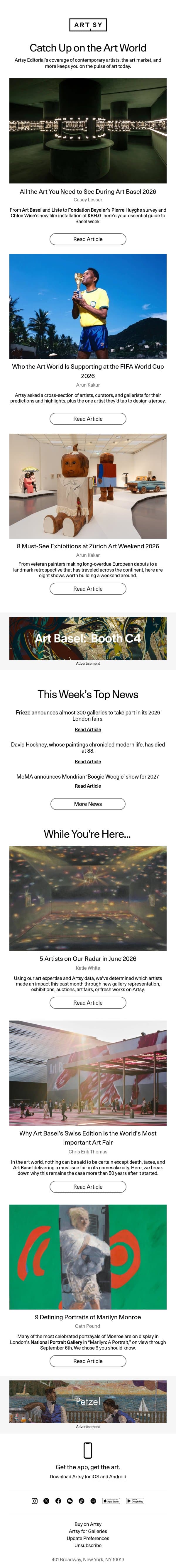 Art Basel 2026, the Art World on the World Cup, and more. email from Artsy screenshot