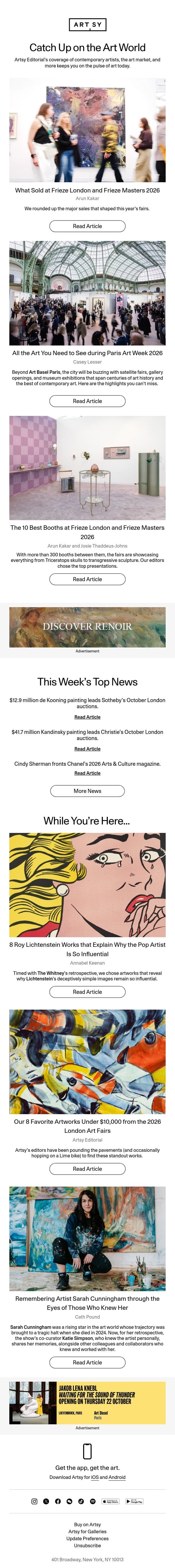 What Sold at Frieze London and Frieze Masters 2026 email from Artsy screenshot