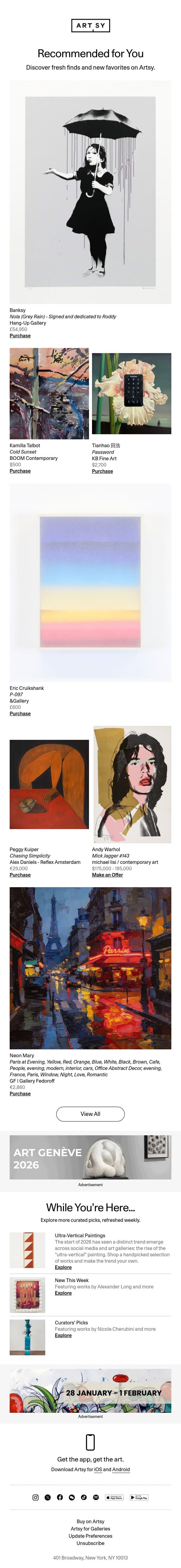 New works for Adam by Banksy and more email from Artsy screenshot