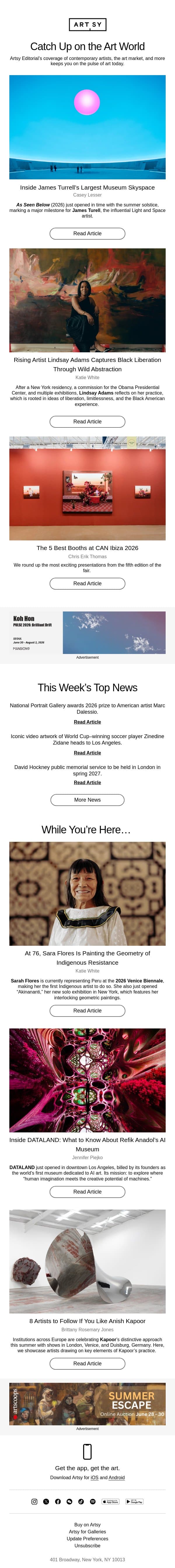 James Turrell’s new skyspace, AI museums, artist profiles, and more. email from Artsy screenshot