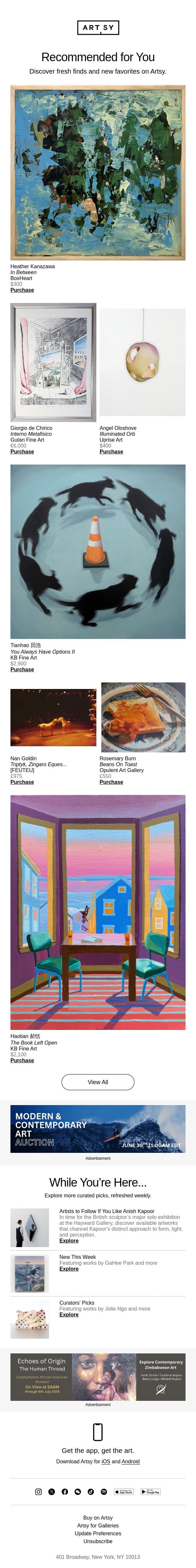 New works for Adam by Heather Kanazawa and more email from Artsy screenshot