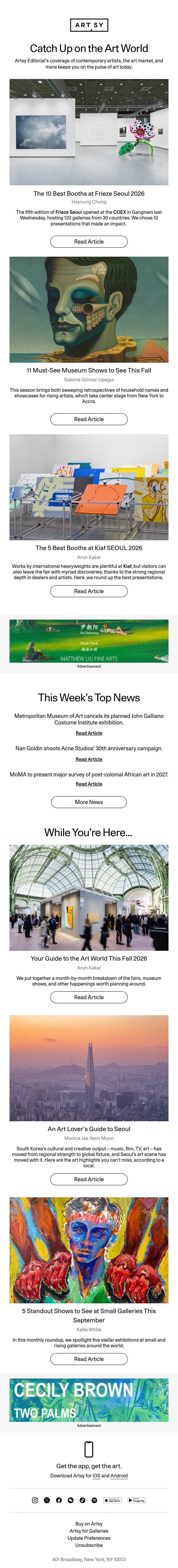 The 10 Best Booths at Frieze Seoul 2026 email from Artsy screenshot