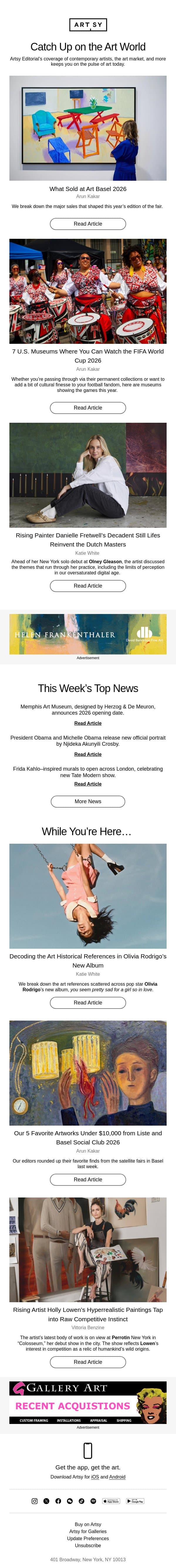 Art Basel sales, decadent still lifes, Olivia Rodrigo, and more. email from Artsy screenshot