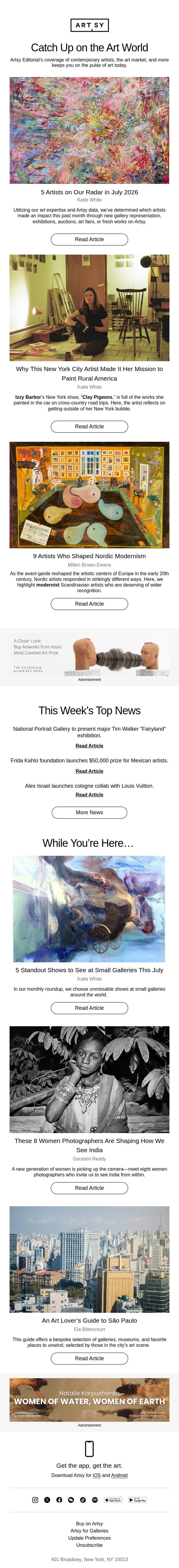 Artists on our radar, Nordic modernism, shows at small galleries, and more. email from Artsy screenshot