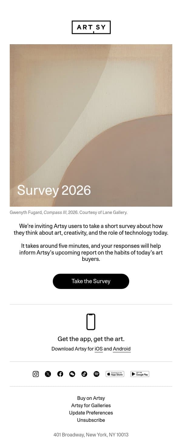 Calling all art lovers: Take our annual survey email from Artsy screenshot
