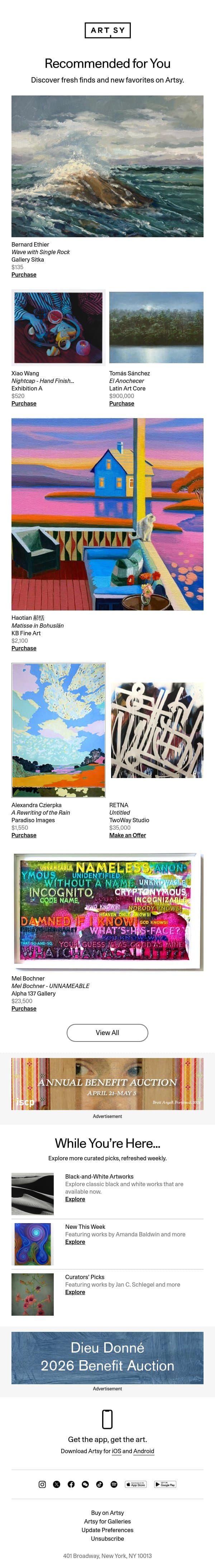 New works for Adam by Bernard Ethier and more email from Artsy screenshot