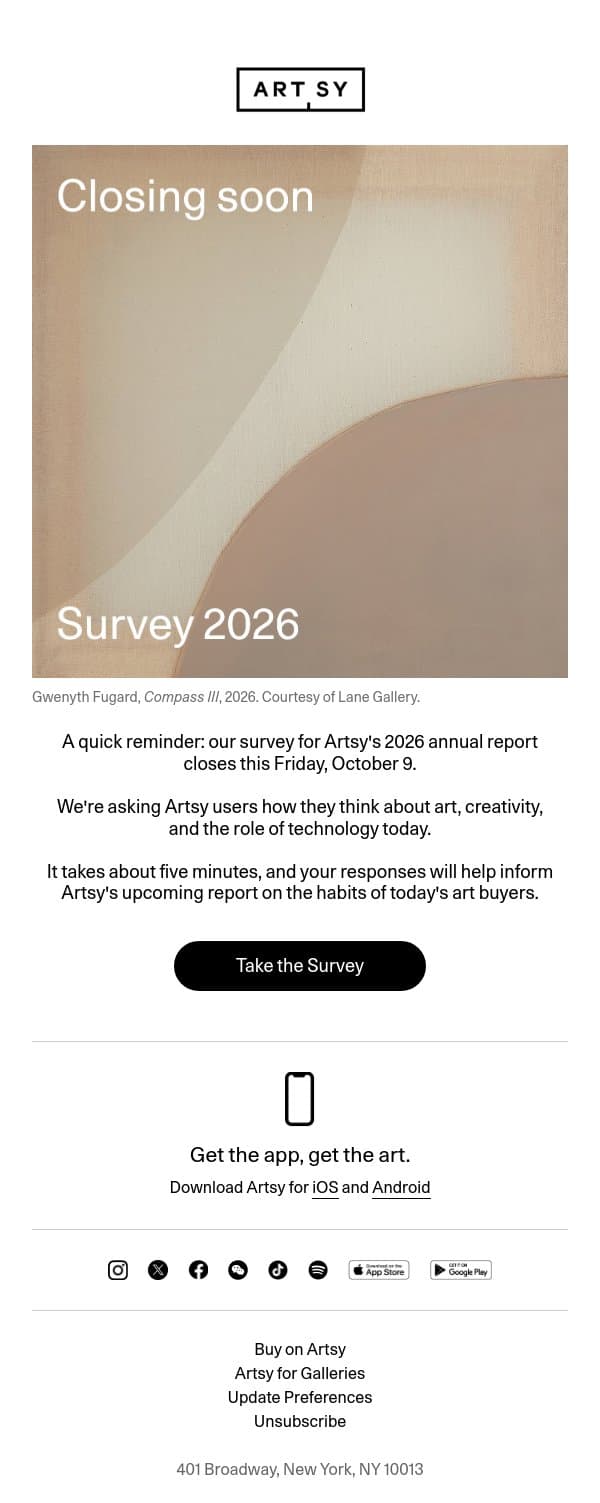 Closing soon: Take our annual survey email from Artsy screenshot
