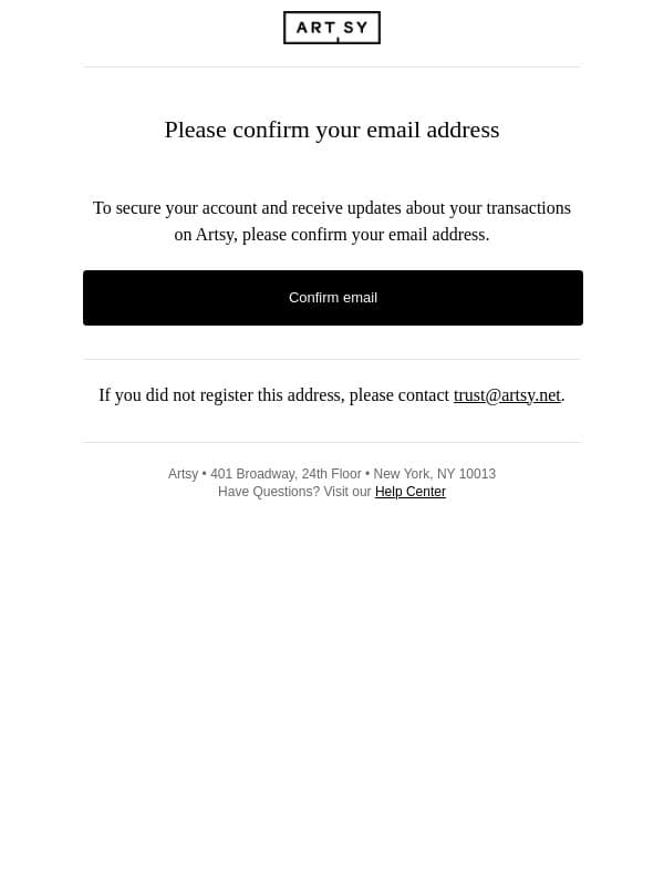 Please confirm your email address for Artsy email from Artsy screenshot