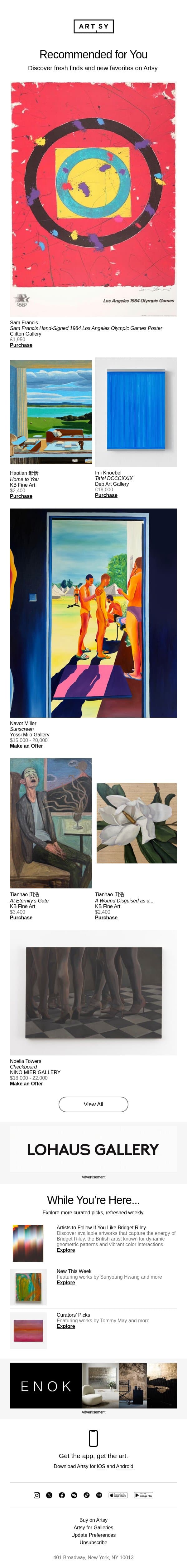 New works for Adam by Sam Francis and more email from Artsy screenshot