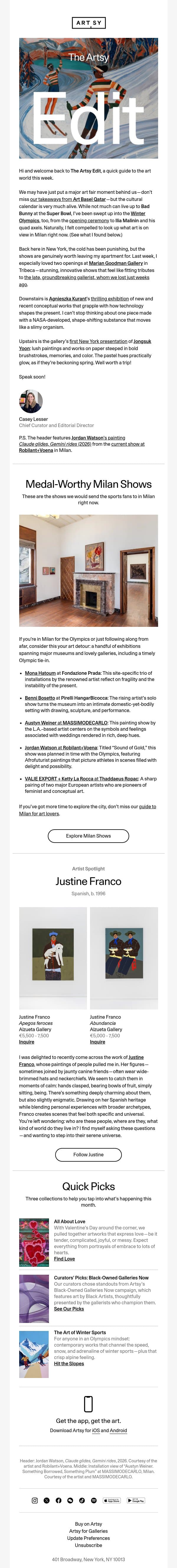 The Artsy Edit | Medal-worthy Milan shows to catch during the Olympics email from Artsy screenshot
