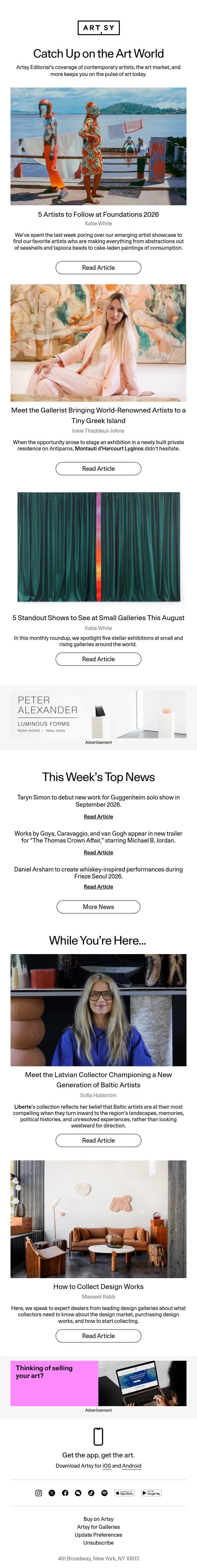 5 artists to know in Foundations, standout gallery shows, and more. email from Artsy screenshot