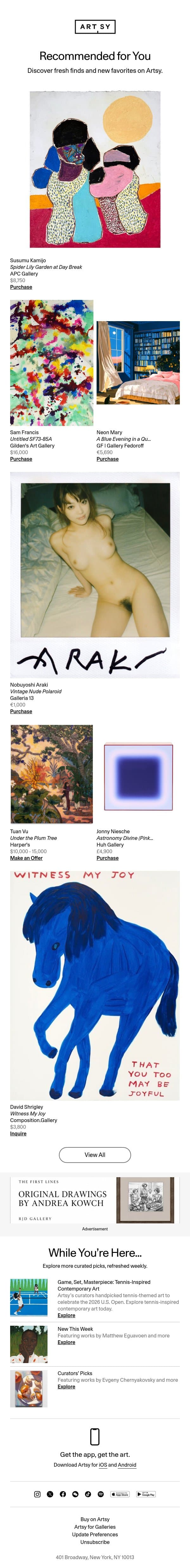 New works for Adam by Susumu Kamijo and more email from Artsy screenshot