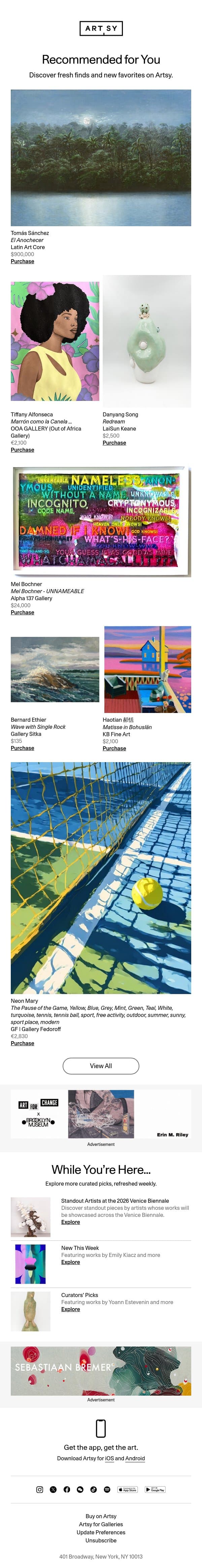 New works for Adam by Tomás Sánchez and more email from Artsy screenshot